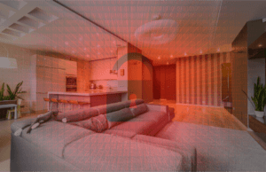 red cybersecurity symbol over living room